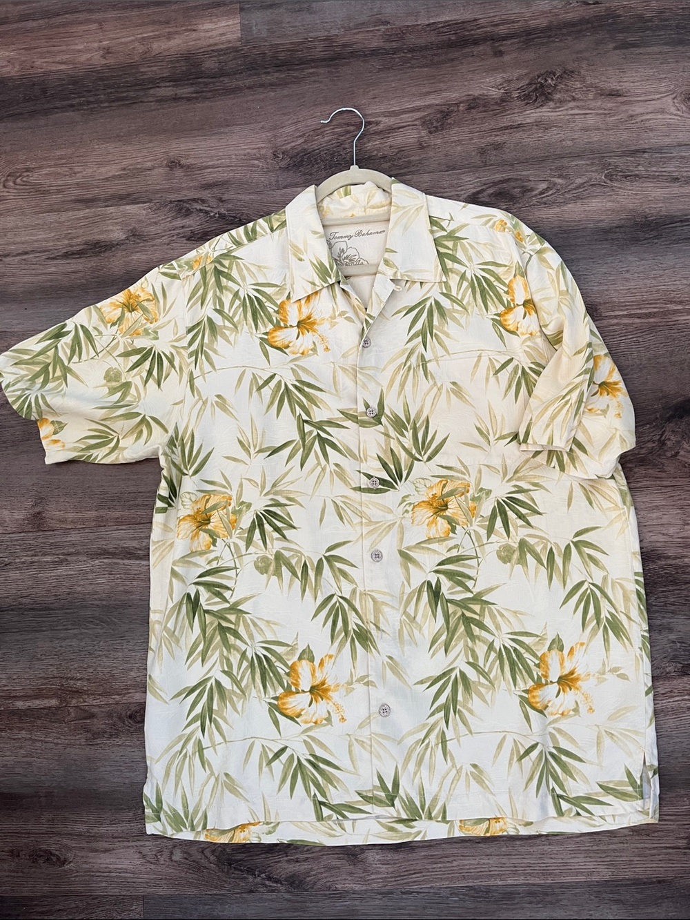 Tommy Bahama 100% Silk Camp Shirt Cream Yellow Hibiscus Bamboo Floral Mens L